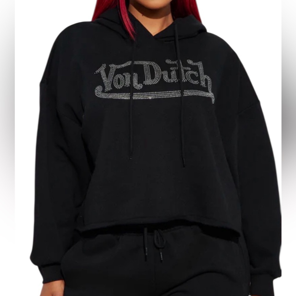Von Dutch Black Rhinestone cropped hoodie Top Sz large